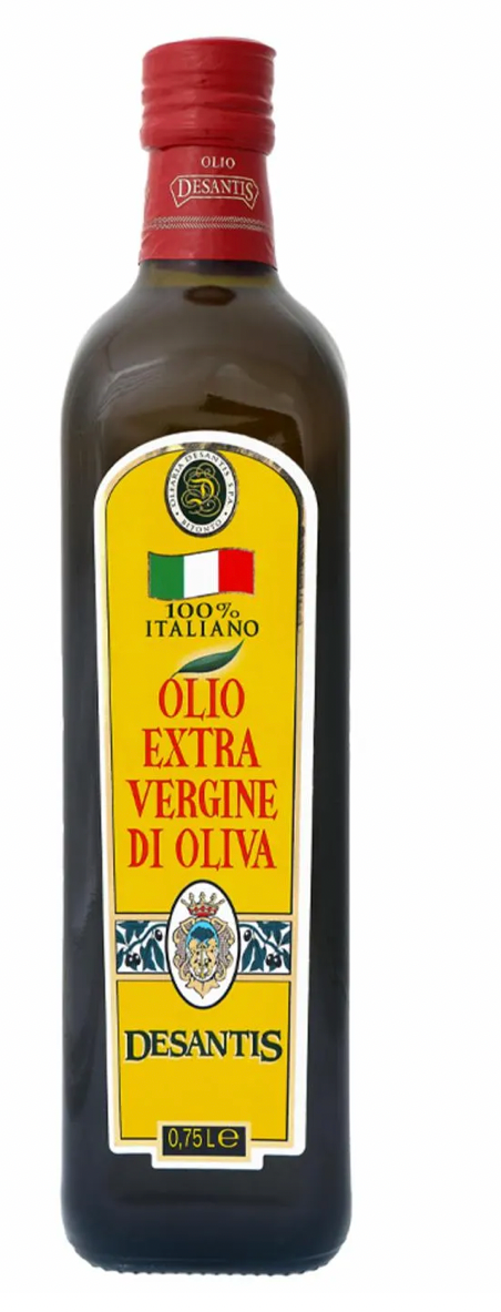Bottle of Desantis olive oil with a yellow label on a white background