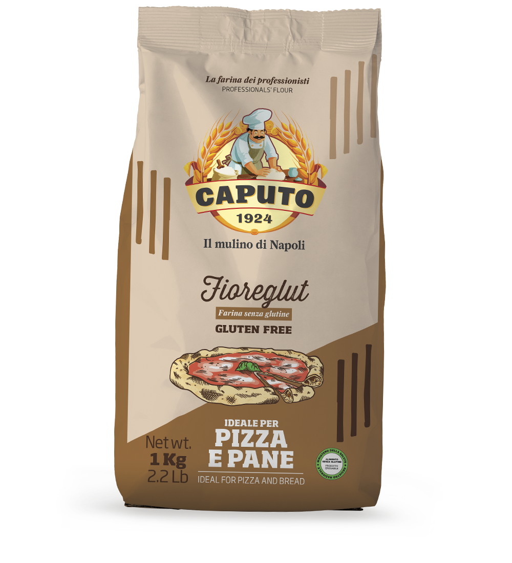 Caputo Fioreglut Gluten Free Flour 1kg. A package of Caputo Fioreglut Gluten Free Flour, 1kg, with branding and an image of a pizza on the front.