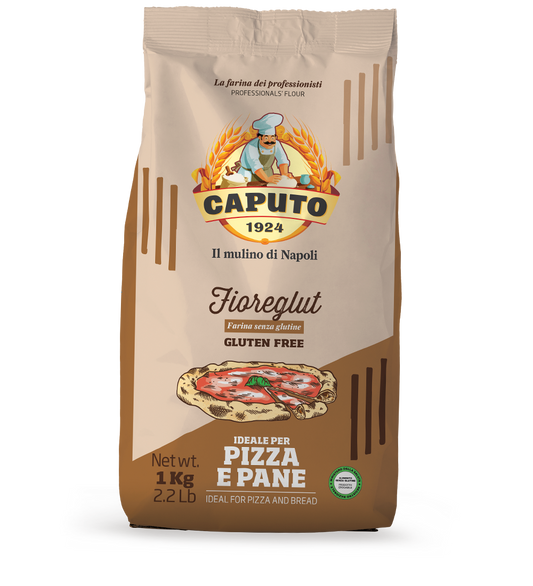 Caputo Fioreglut Gluten Free Flour 1kg. A package of Caputo Fioreglut Gluten Free Flour, 1kg, with branding and an image of a pizza on the front.