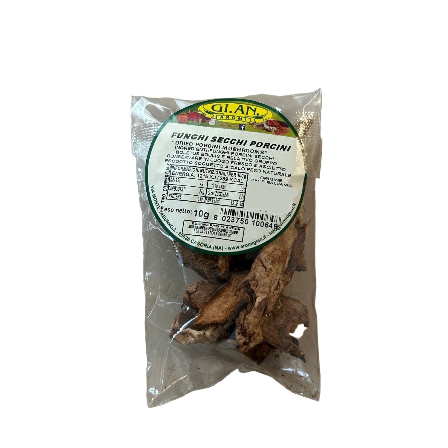 Packaged dried porcini mushrooms with a label on a white background