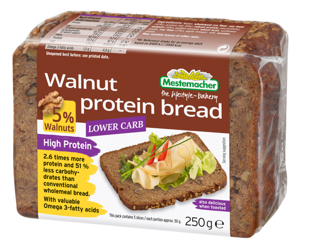 Packaged loaf of walnut protein bread with Mestmacher branding on a white background