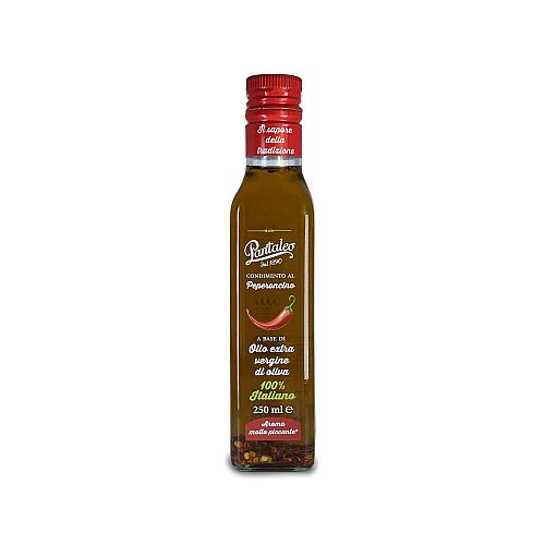 Bottle of Pantaleo chilli Extra virgin olive oilon a white background
