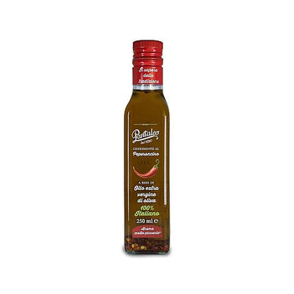 Bottle of Pantaleo chilli Extra virgin olive oilon a white background