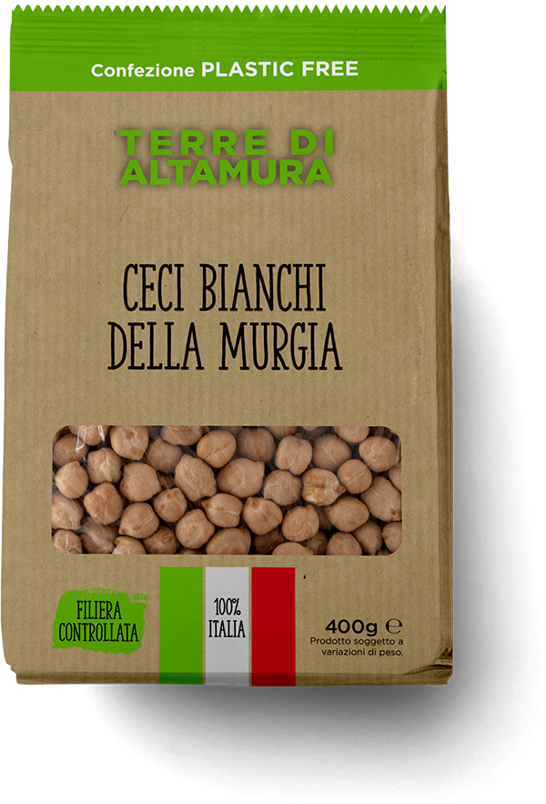 Terre di Altamura Chickpeas 400g, Package of Terre Di Altamura white chickpeas with visible branding and product details.