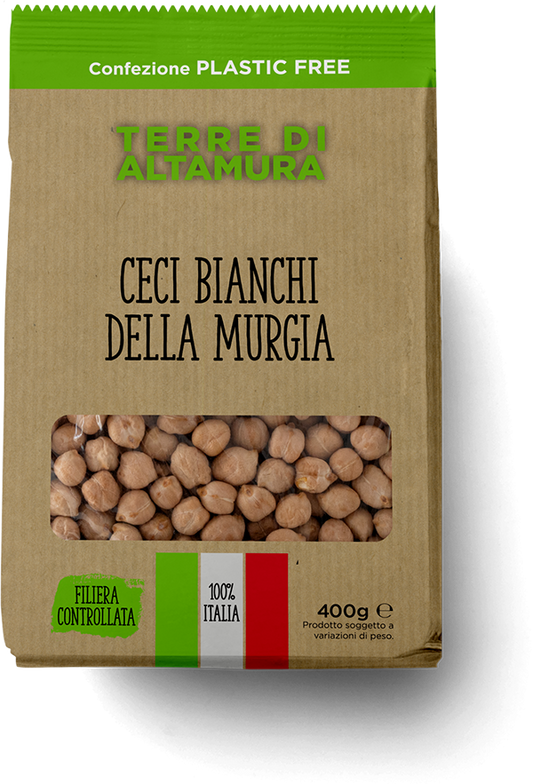 Terre di Altamura Chickpeas 400g, Package of Terre Di Altamura white chickpeas with visible branding and product details.