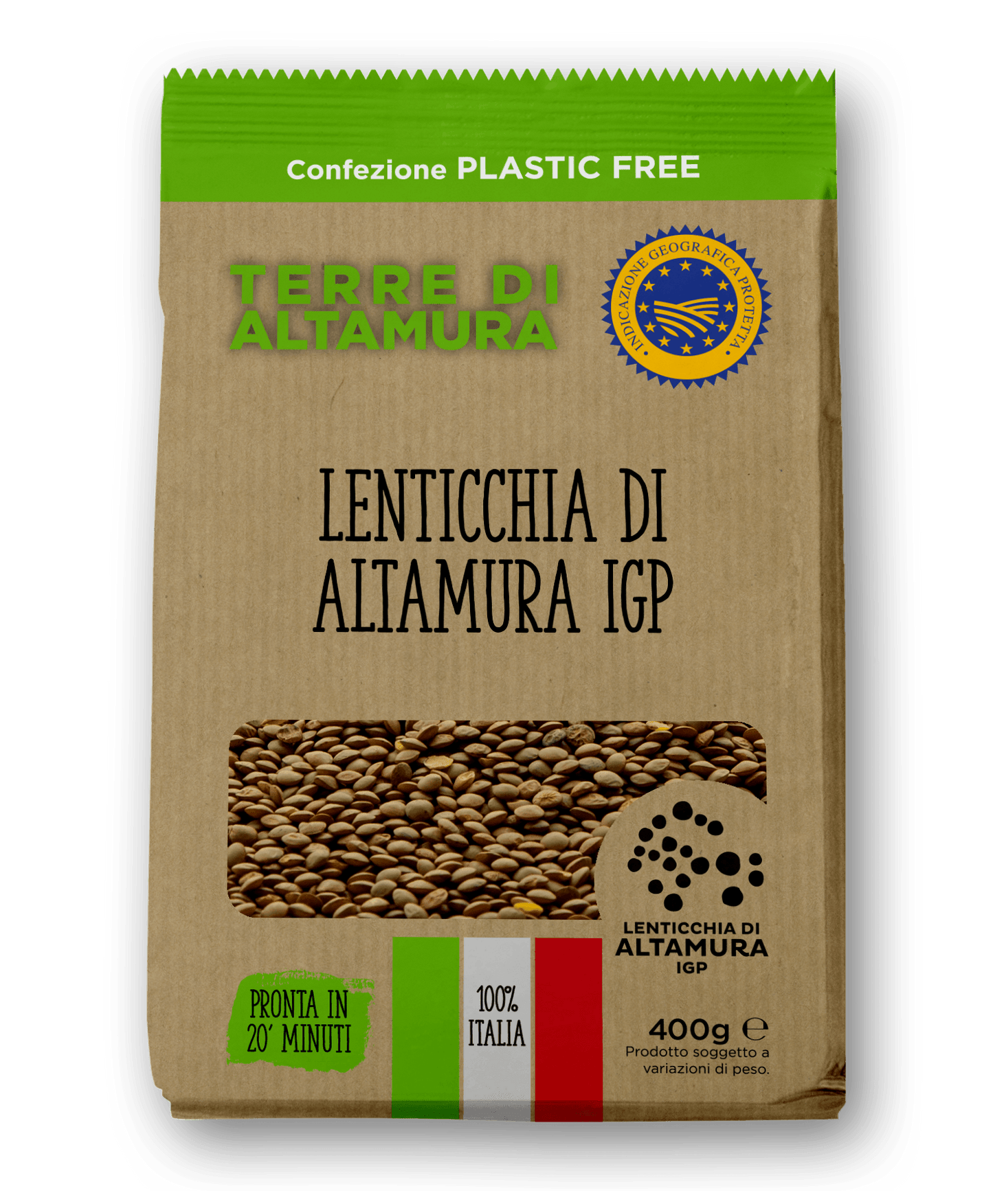 Terre di Altamura Lentils 400g, Package of Terre di Altamura lentils with a green and brown color scheme.