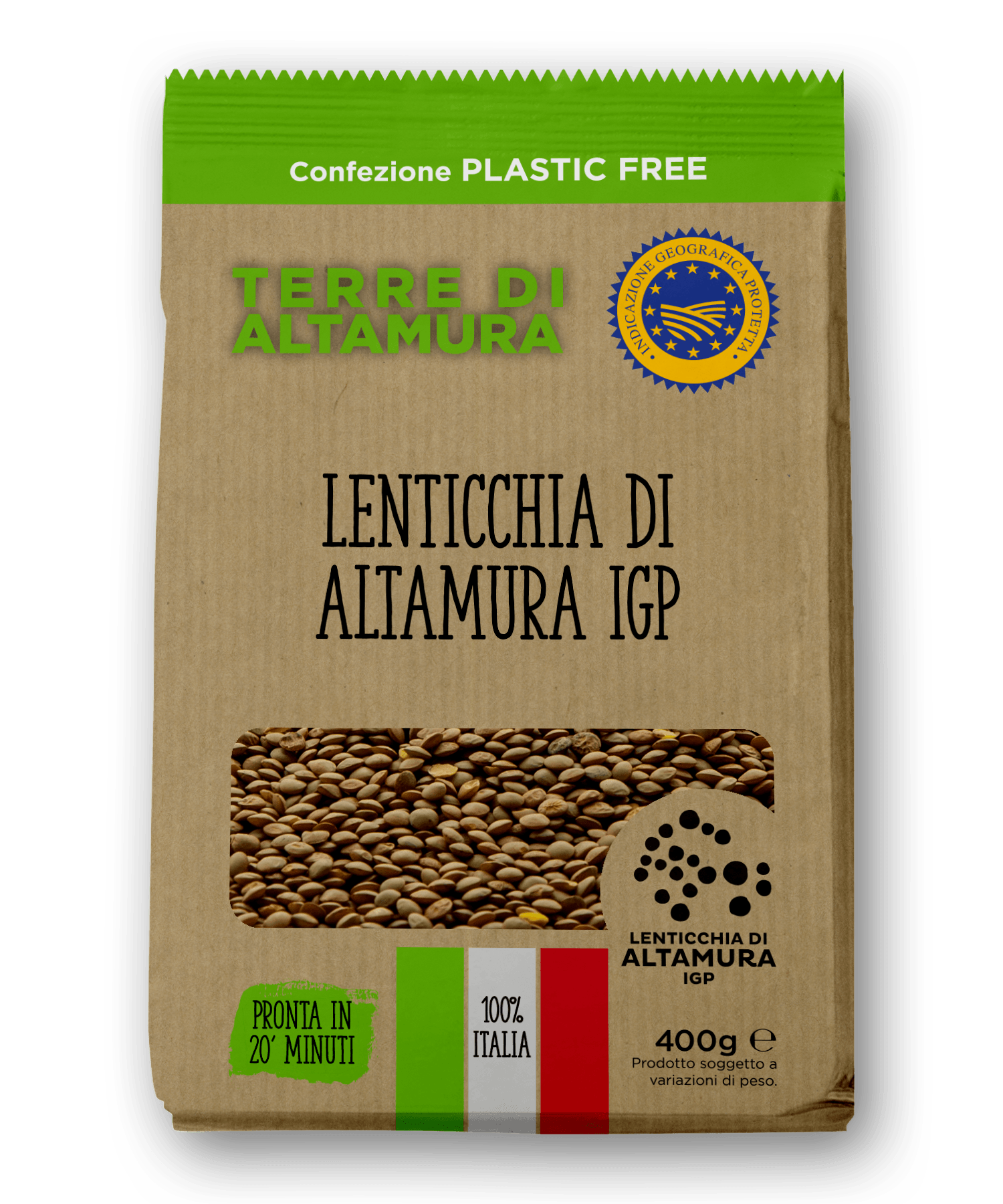 Terre di Altamura Lentils 400g, Package of Terre di Altamura lentils with a green and brown color scheme.