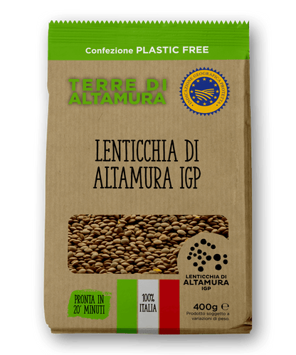 Terre di Altamura Lentils 400g, Package of Terre di Altamura lentils with a green and brown color scheme.
