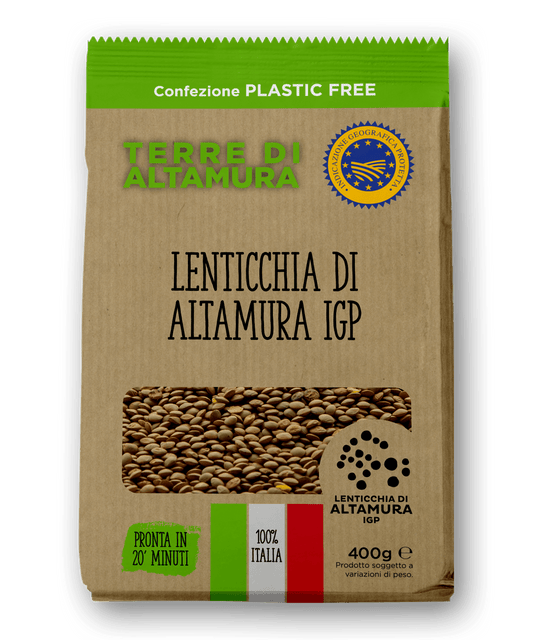 Terre di Altamura Lentils 400g, Package of Terre di Altamura lentils with a green and brown color scheme.